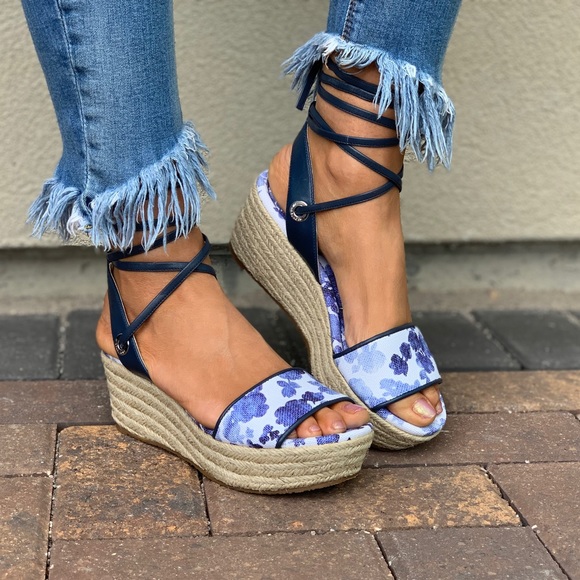 Blue White Floral LaceUp Espadrille Platform Wedge - Picture 8 of 8